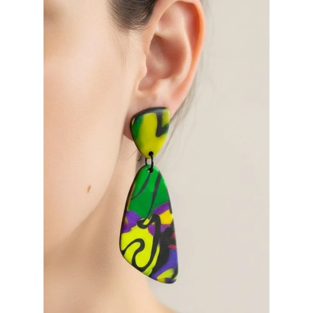 Polymer Clay Dangle Earrings Bright Green Yellow Graphic Print Handmade SS Posts